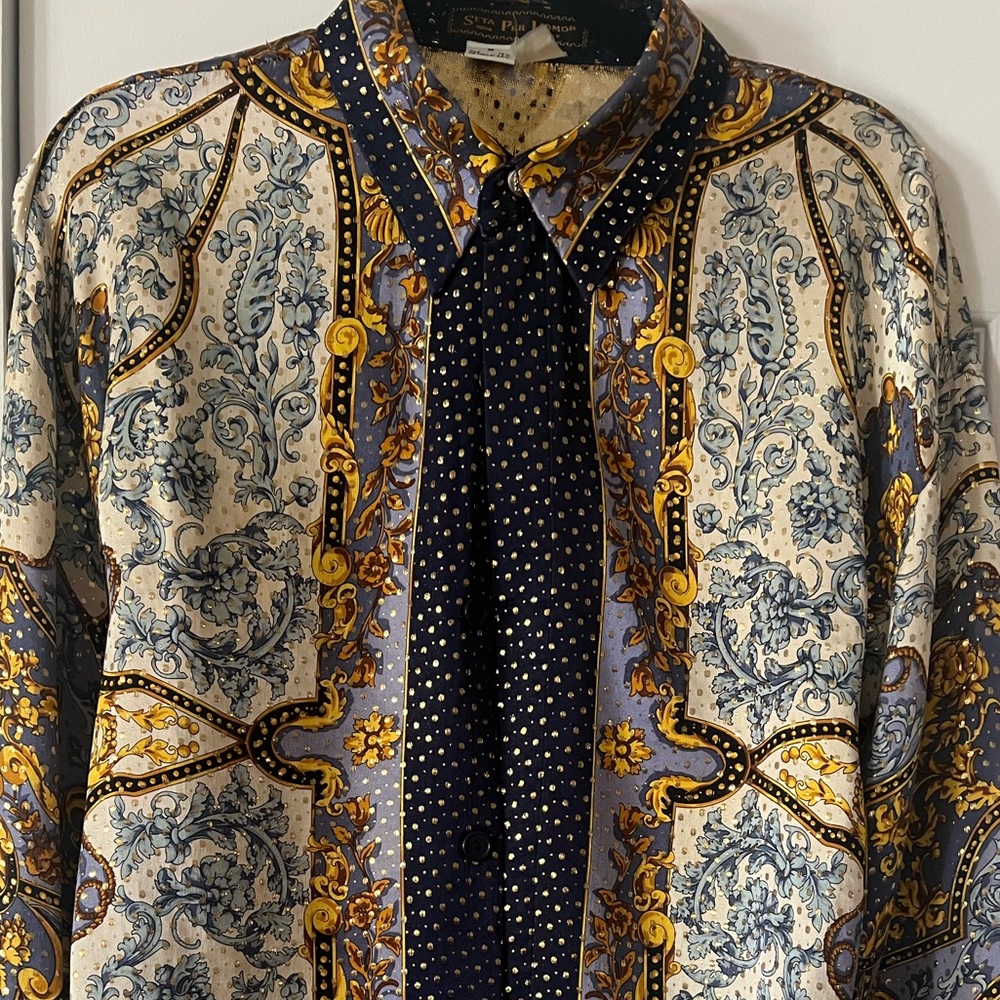 VINTAGE SETA PER UOMO MENS SILK METALLIC L/S SHIRT SIZE MEDIUM - Picture 7 of 10